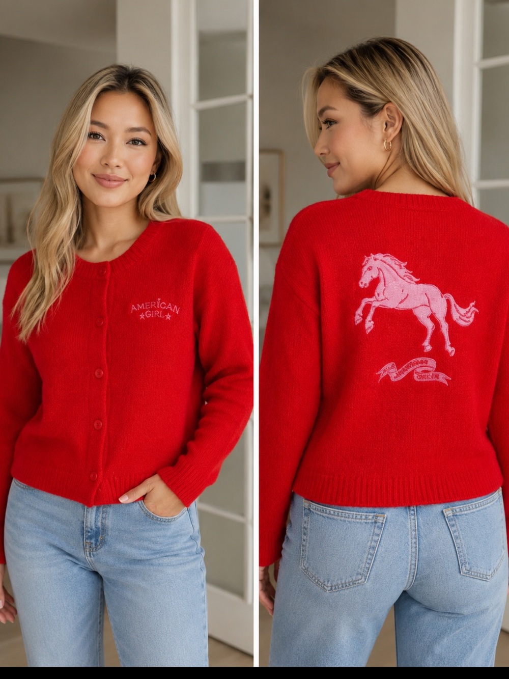 Asian American Girl Red Cardigan Sweater with Pink Horse Embroidery